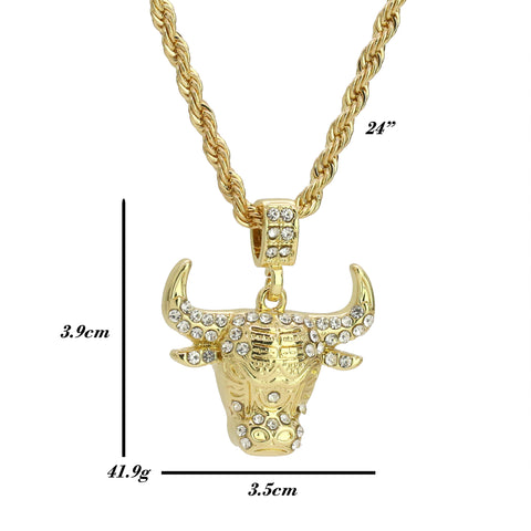 Cz Bull Pendant 24" Rope Chain Hip Hop 18k Jewelry Necklace