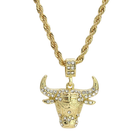 Cz Bull Pendant 24" Rope Chain Hip Hop 18k Jewelry Necklace