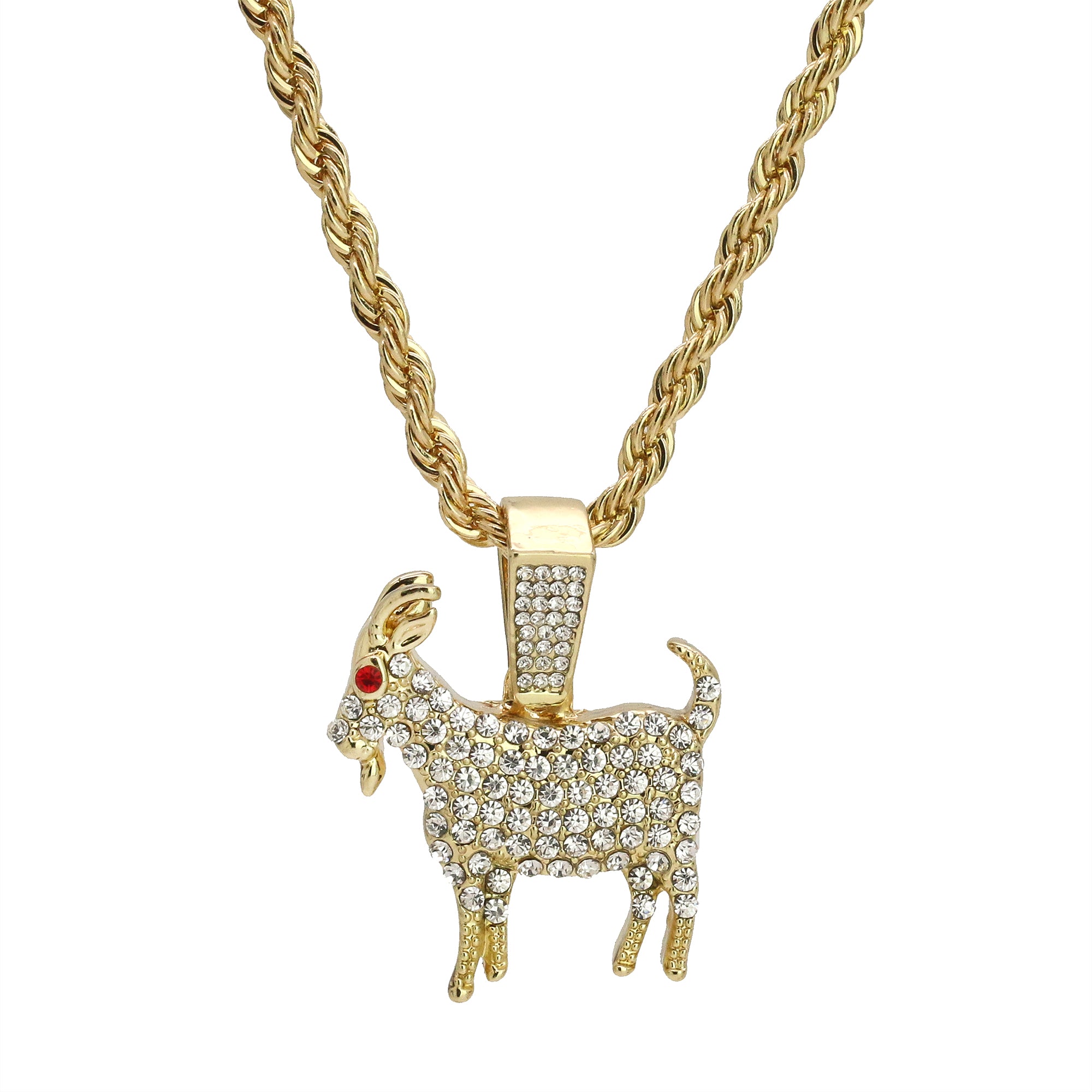 Cz Red Eye Goat Pendant 24" Rope Chain Hip Hop 18k Jewelry Necklace