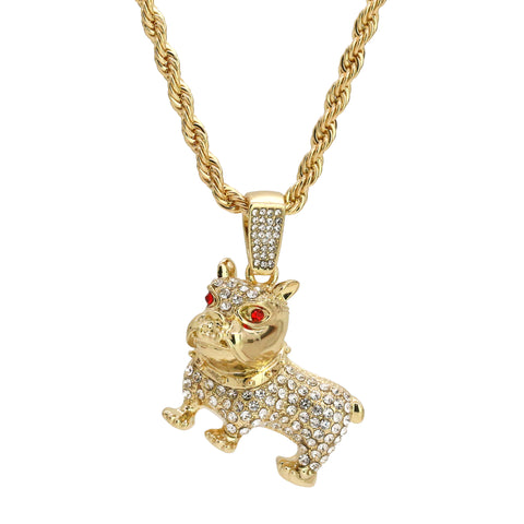 Cz Red Eye French Bulldog Pendant 24" Rope Chain Hip Hop 18k Jewelry Necklace