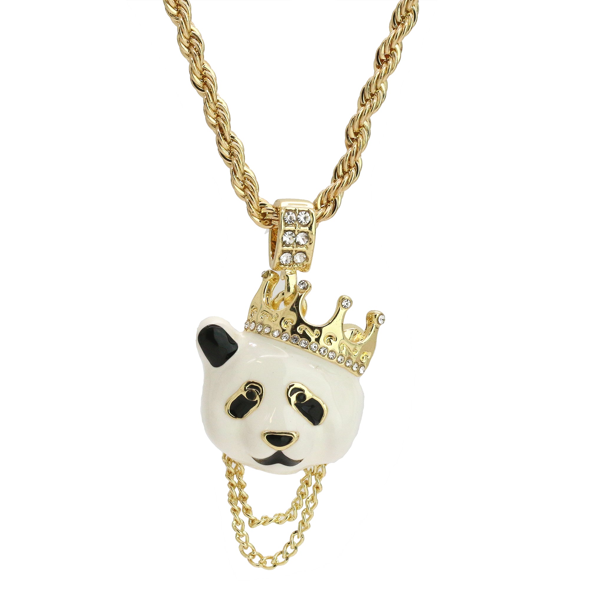Cz Crown Chain Panda Pendant 24" Rope Chain Hip Hop 18k Jewelry Necklace