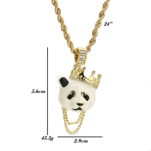 Cz Crown Chain Panda Pendant 24" Rope Chain Hip Hop 18k Jewelry Necklace