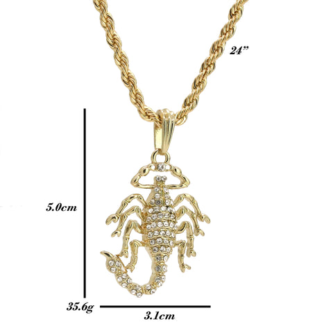 Cz Scorpion Pendant 24" Rope Chain Hip Hop 18k Jewelry Necklace