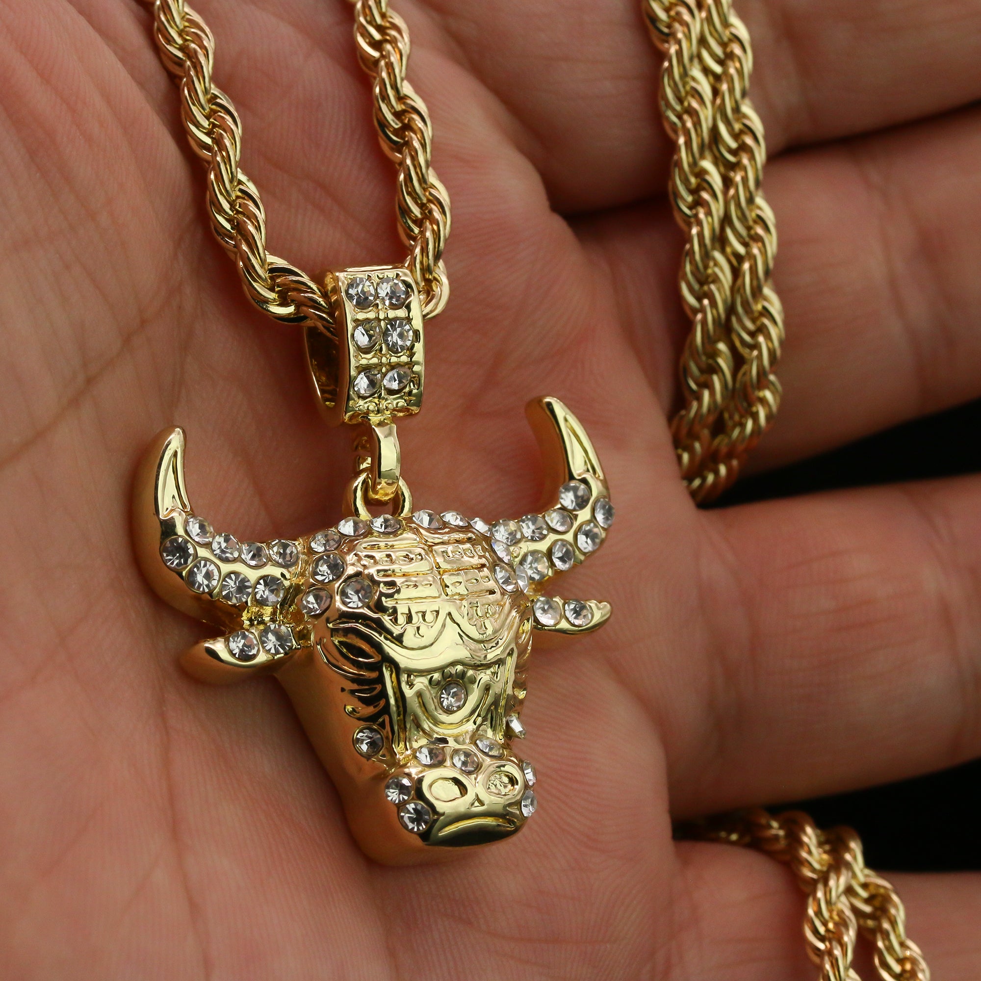 Cz Bull Pendant 24" Rope Chain Hip Hop 18k Jewelry Necklace