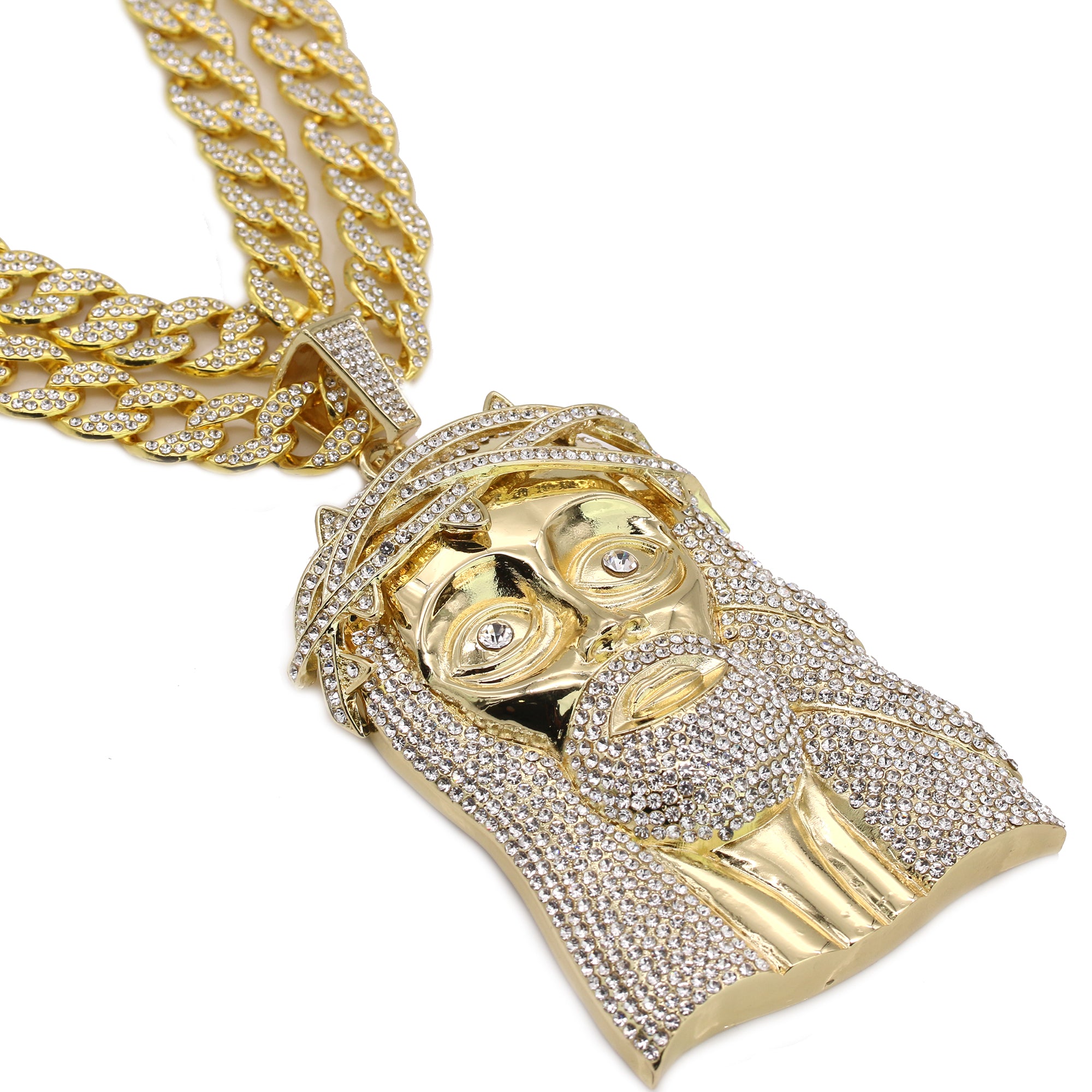 3pc Set Huge XXL Crowned Jesus Gold Plated 18,20" Fully Cz Hip Hop Cuban Chain