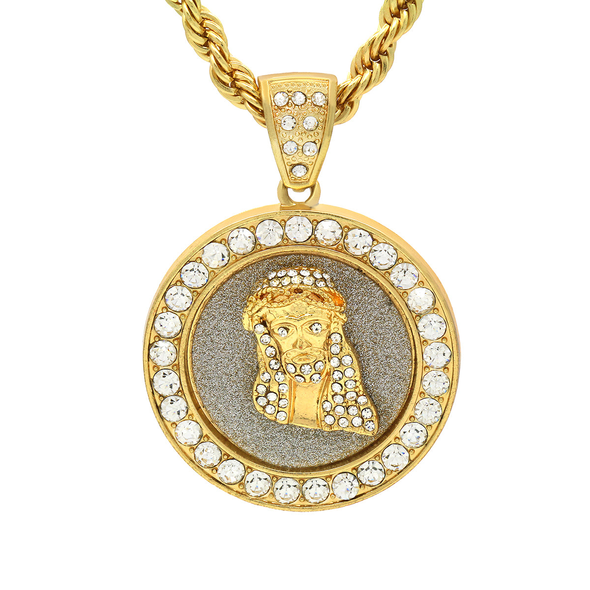 14k Gold Filled Fully Ice Out Jesus In the middle Pendant  with Rope Chain