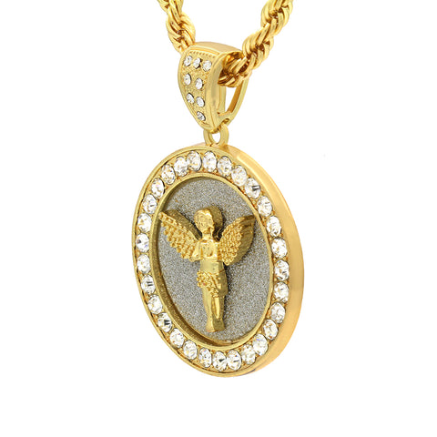 14k Gold Filled Fully Ice Out Angel In the middle Pendant  with Rope Chain