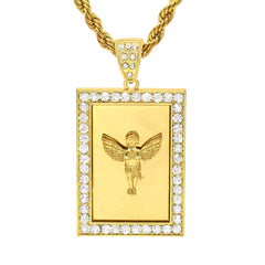 14k Gold Filled Fully Ice Out Square Mirror Angel Pendant  with Rope Chain