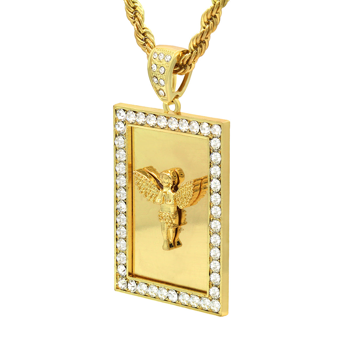 14k Gold Filled Fully Ice Out Square Mirror Angel Pendant  with Rope Chain
