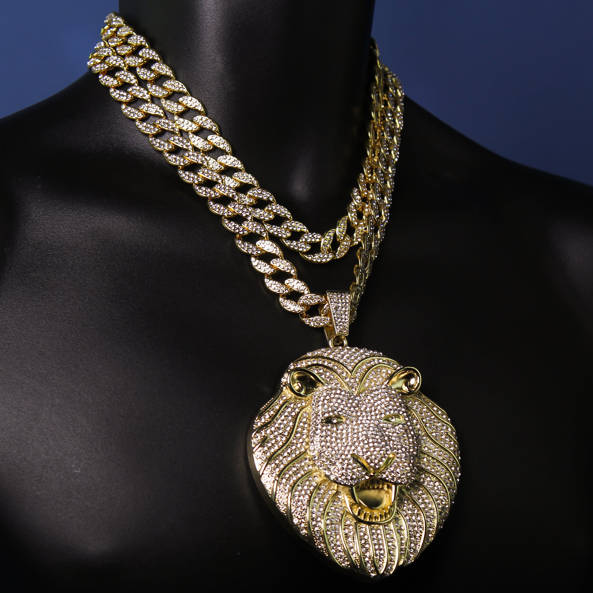 3pc Set Huge XXL Wide Lion Head Gold Pt 18,20" Fully Cz Hip Hop Cuban Chain