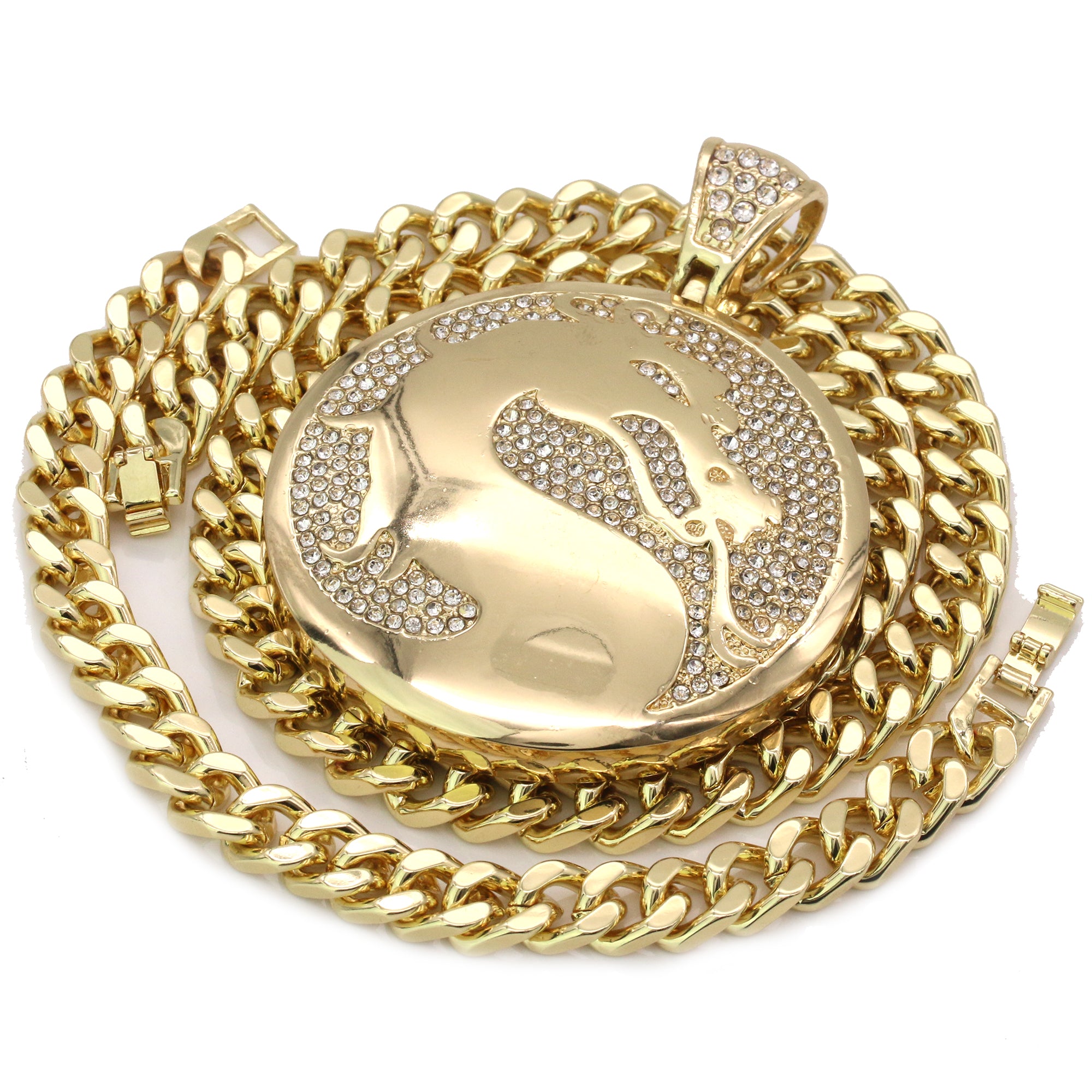 Men's Gold Plated Hip-Hop XL Cz Medallion Dragon Cuban 10mm 30 & Bracelet 3pc Set