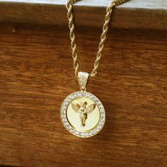 14k Gold Filled Fully Ice Out Round Mirror Angel Pendant  with Rope Chain