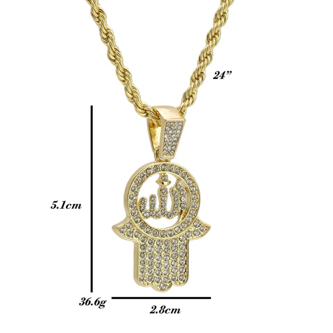 Cz Hamsa & Allah Pendant 24" Rope Chain Hip Hop 18k Jewelry Necklace