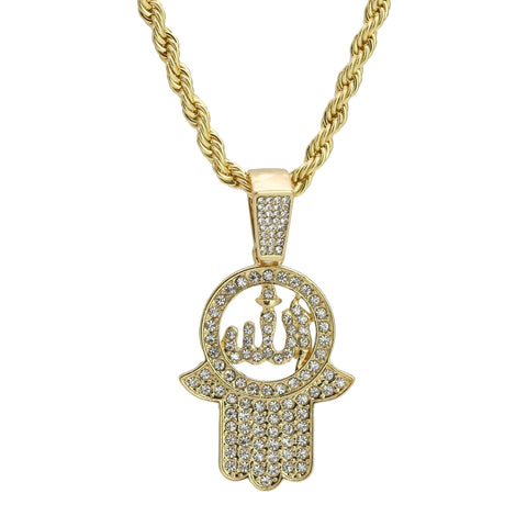 Cz Hamsa & Allah Pendant 24" Rope Chain Hip Hop 18k Jewelry Necklace