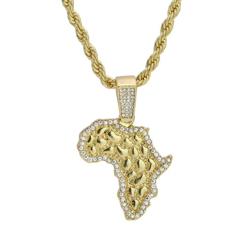 Cz Nugget Africa Pendant 24" Rope Chain Hip Hop 18k Jewelry Necklace