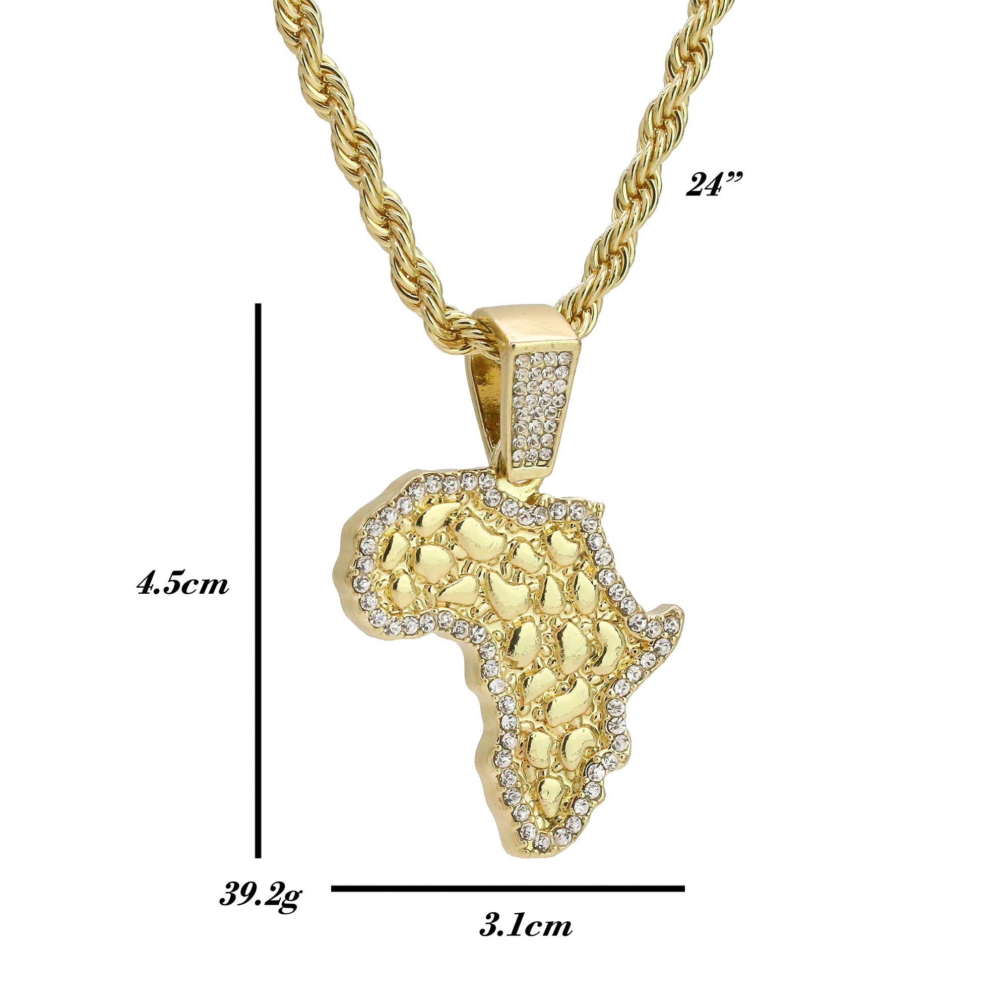 Cz Nugget Africa Pendant 24" Rope Chain Hip Hop 18k Jewelry Necklace