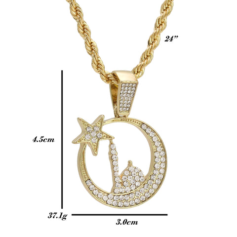 Cz Half Moon Star Pendant 24" Rope Chain Hip Hop 18k Jewelry Necklace