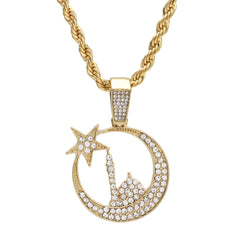 Cz Half Moon Star Pendant 24" Rope Chain Hip Hop 18k Jewelry Necklace