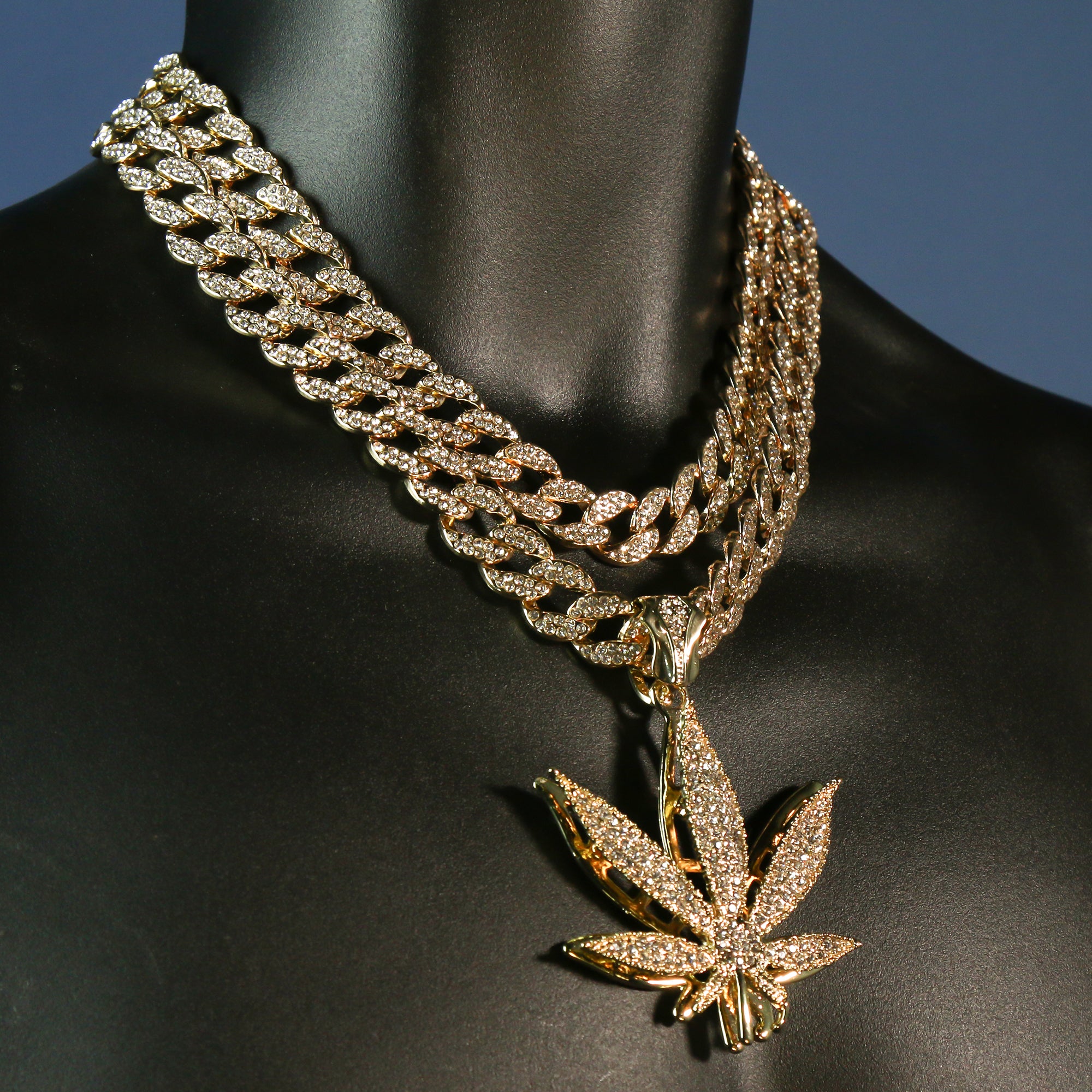 3pc Set Large Marijuana Gold Plated 18,20" Fully Cz Hip Hop Cuban Choker Chain
