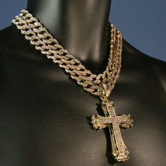 3pc Set Large Hollow Cross Gold Plated 18,20" Fully Cz Hip Hop Cuban Choker Chain