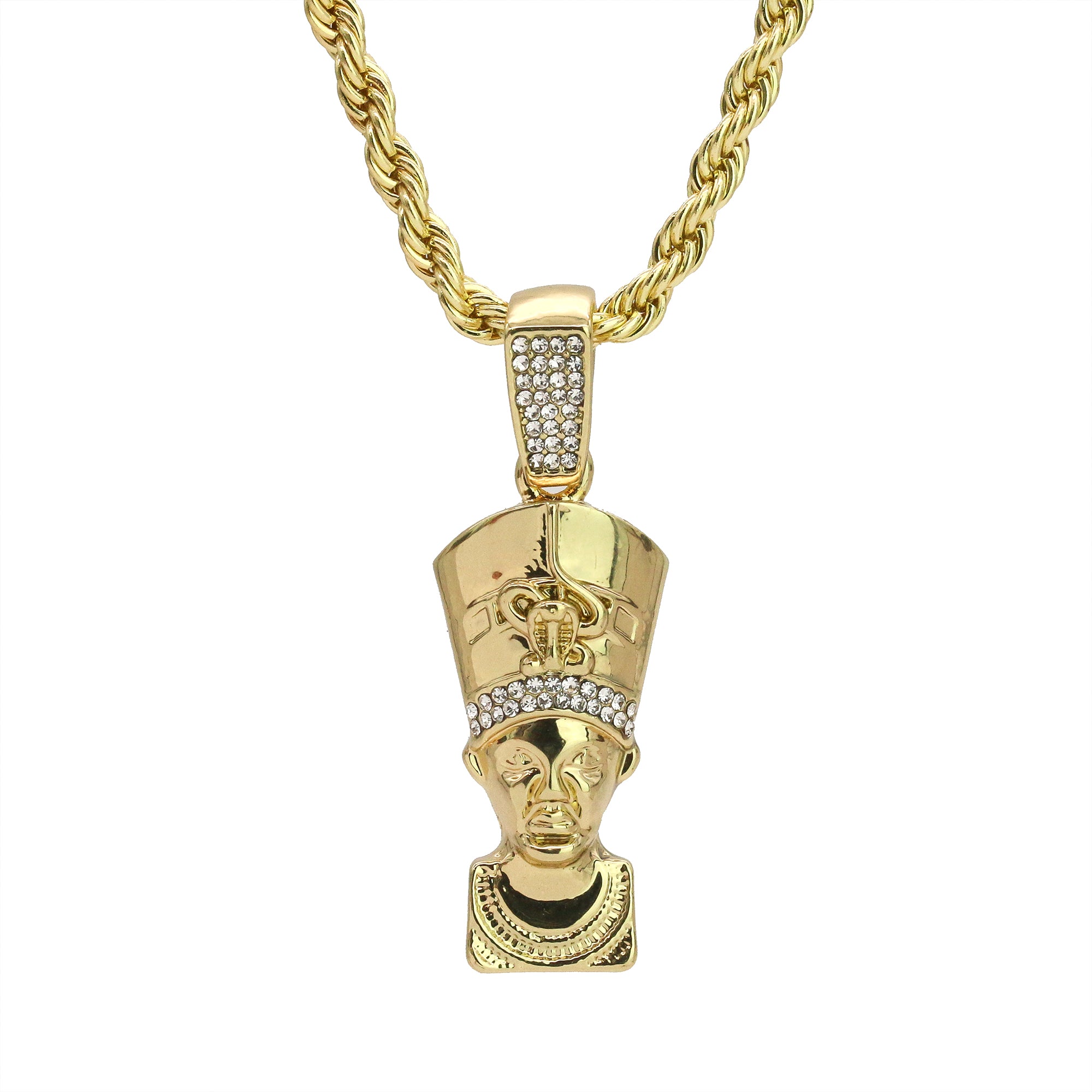Cz Egyptian Nefertiti  Pendant 24" Rope Chain Hip Hop 18k Jewelry Necklace