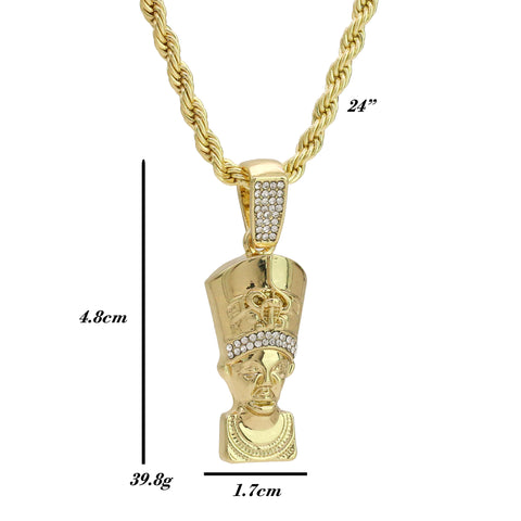 Cz Egyptian Nefertiti  Pendant 24" Rope Chain Hip Hop 18k Jewelry Necklace