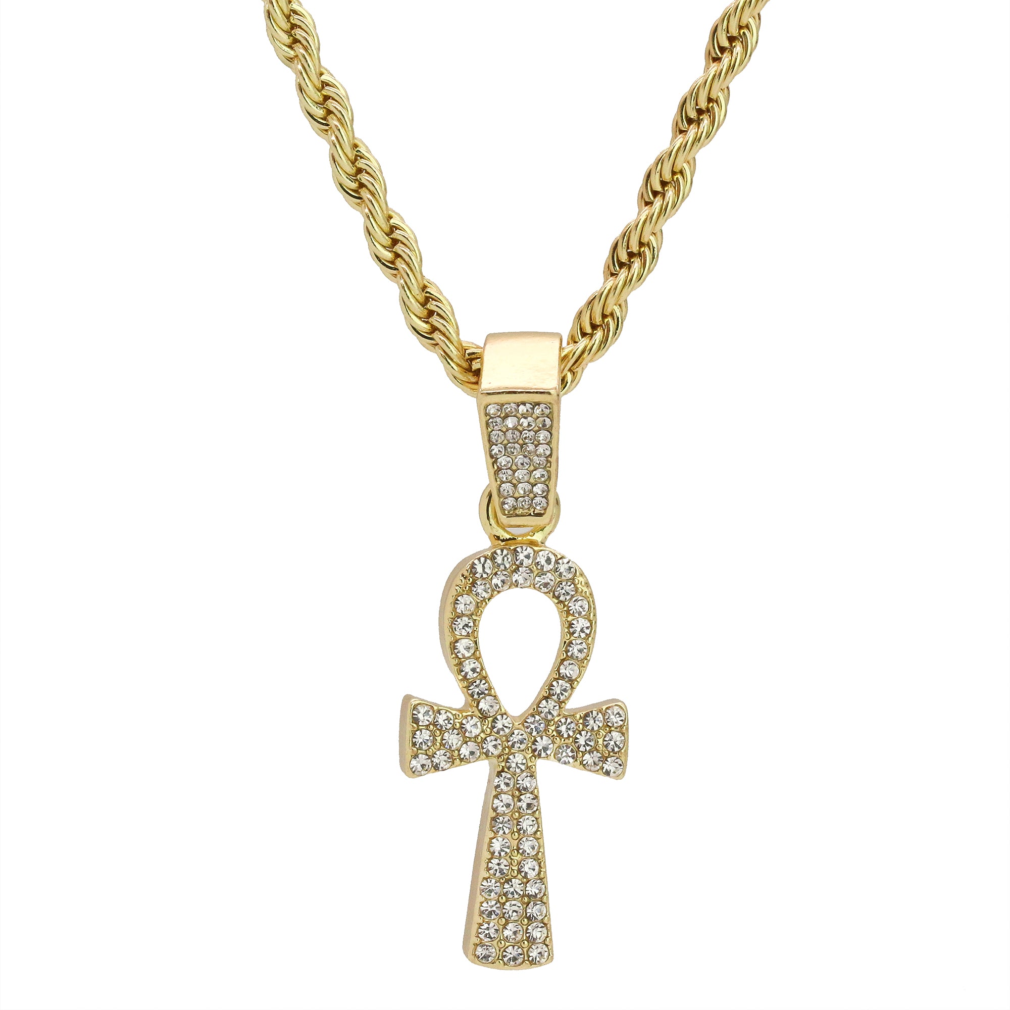 Fully Cz Ankh Pendant 24" Rope Chain Hip Hop 18k Jewelry Necklace