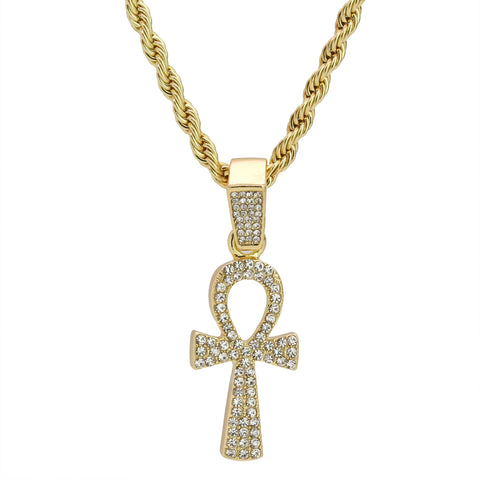 Fully Cz Ankh Pendant 24" Rope Chain Hip Hop 18k Jewelry Necklace