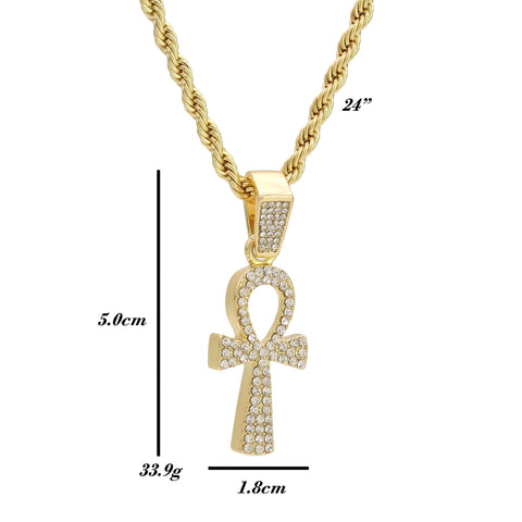 Fully Cz Ankh Pendant 24" Rope Chain Hip Hop 18k Jewelry Necklace