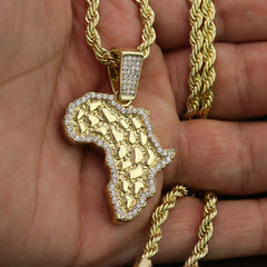 Cz Nugget Africa Pendant 24" Rope Chain Hip Hop 18k Jewelry Necklace