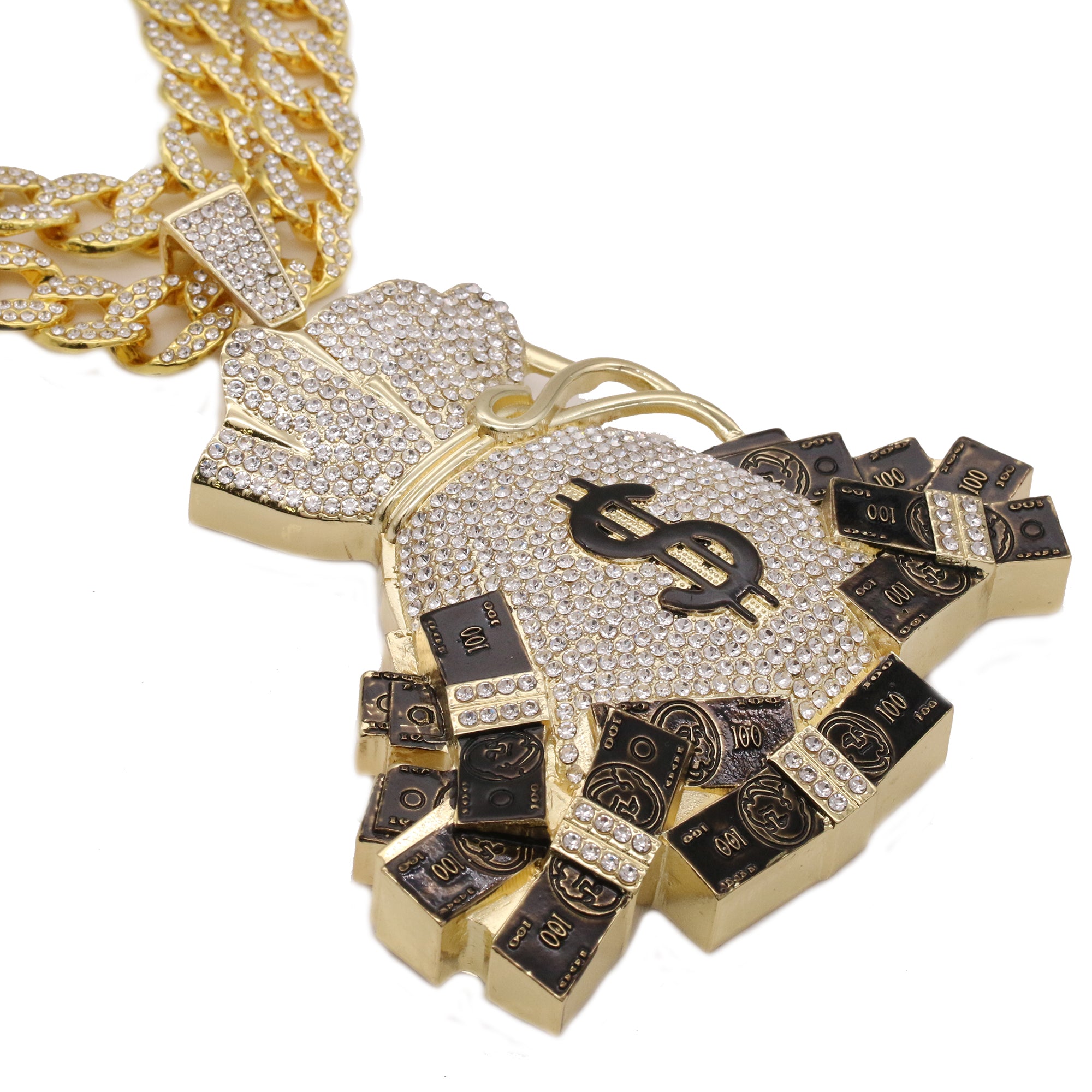 3pc Set Huge XXL Money Sign Bag Gold Pt 18,20" Fully Cz Hip Hop Cuban Chain