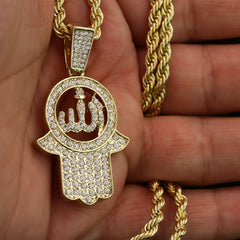 Cz Hamsa & Allah Pendant 24" Rope Chain Hip Hop 18k Jewelry Necklace