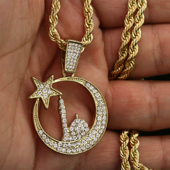 Cz Half Moon Star Pendant 24" Rope Chain Hip Hop 18k Jewelry Necklace
