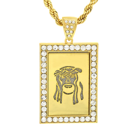 14k Gold Filled Fully Ice Out Square Mirror Jesus1 Pendant  with Rope Chain