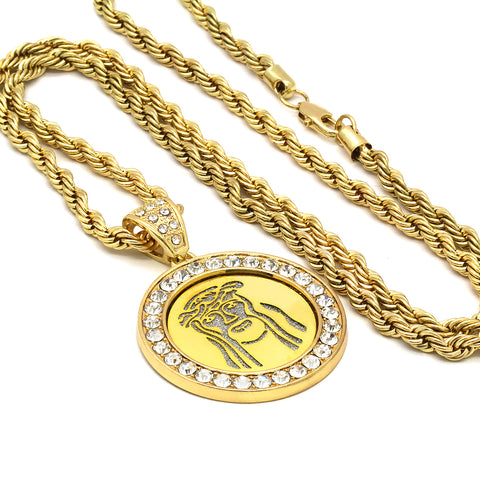 14k Gold Filled Fully Ice Out Round Mirror Jesus2 Pendant  with Rope Chain
