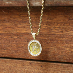 14k Gold Filled Fully Ice Out Round Mirror Jesus2 Pendant  with Rope Chain