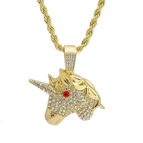 Cz Red Eye Unicorn Pendant 24" Rope Chain Hip Hop 18k Jewelry Necklace