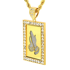 14k Gold Filled Fully Ice Out Square Mirror Prayer Pendant  with Rope Chain