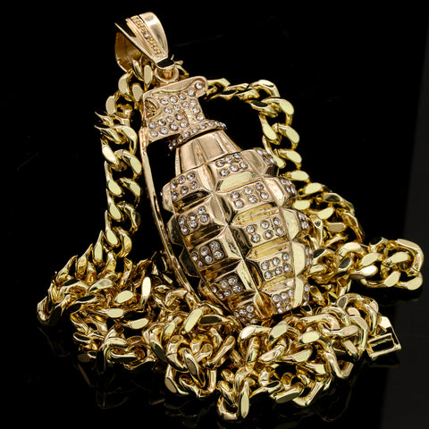 Men's Gold Plated Hip-Hop XL Cz Hand Grenade Cuban 10mm 30 & Bracelet 3pc Set