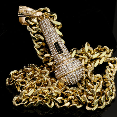 Men's Gold Plated Hip-Hop XL Fully Cz Microphone Cuban 10mm 30 & Bracelet 3pc Set