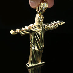 3pc Christ The Redeemer Large Jesus Pendant Gold Plated 18, 20" Fully Cz Cuban Chain