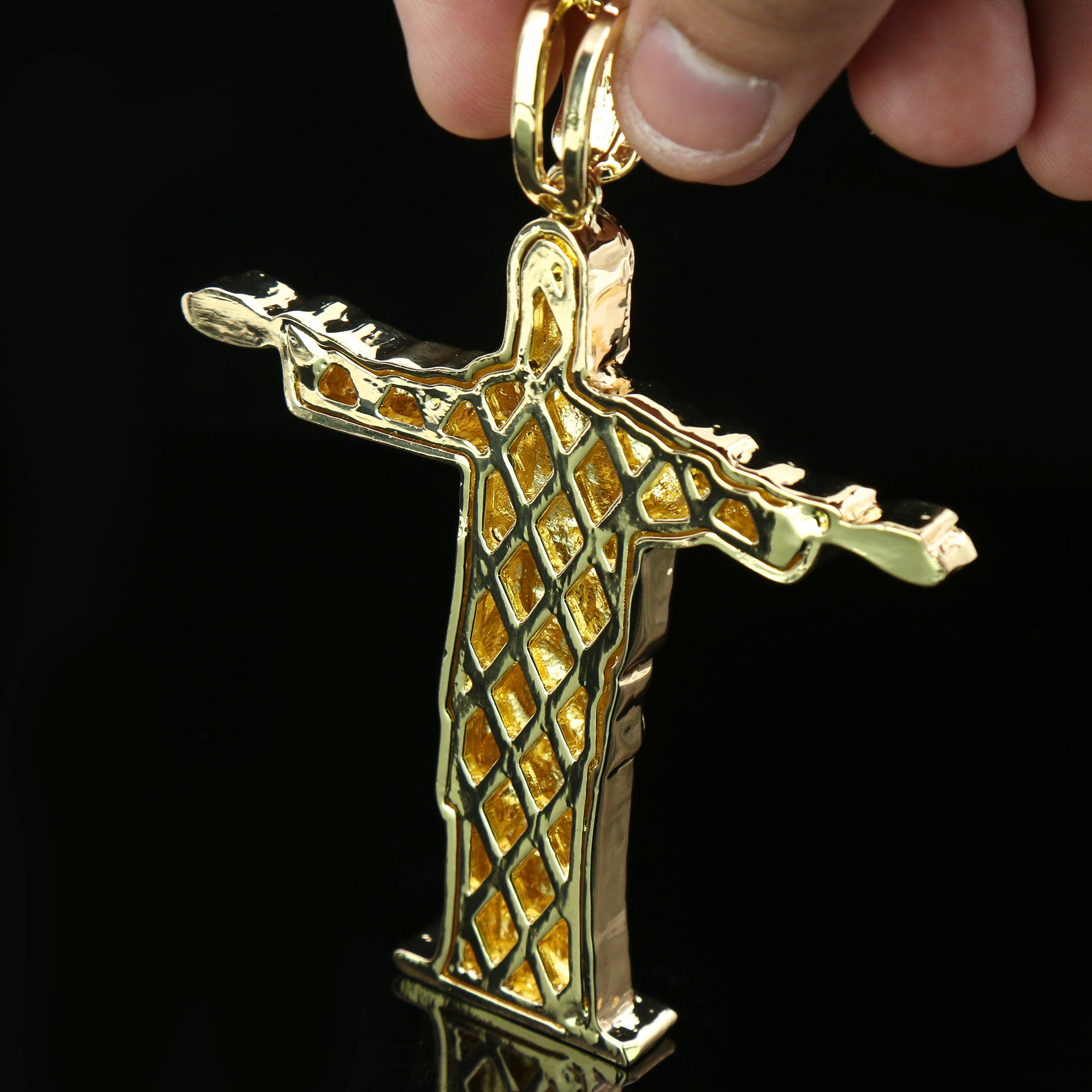 3pc Christ The Redeemer Large Jesus Pendant Gold Plated 18, 20" Fully Cz Cuban Chain