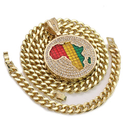 Men's Gold Pl Hip-Hop XL Cz Round Africa Rasta Cuban 10mm 30 & Bracelet 3pc Set