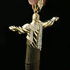 Cz Christ The Redeemer Large Jesus Pendant Gold Plated 18, 20" Fully Cz Cuban Chain