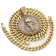 Men's Gold Plated Hip-Hop XL Cz Round Pharaoh Cuban 10mm 30 & Bracelet 3pc Set
