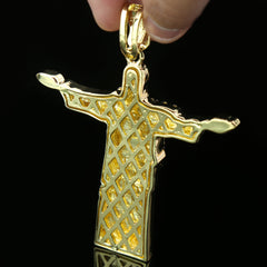 Cz Christ The Redeemer Large Jesus Pendant Gold Plated 18, 20" Fully Cz Cuban Chain