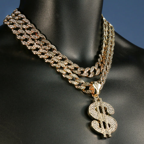 3pc Cz Large Money Sign Pendant Gold Plated 18, 20" Fully Cz Cuban Choker Chain