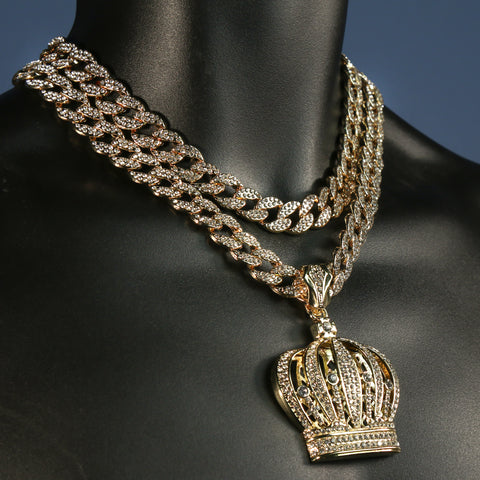 3pc Cz Large Queen Crown Pendant Gold Plated 18, 20" Fully Cz Cuban Choker Chain