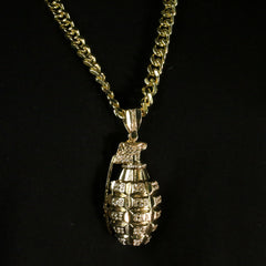 Men's Gold Plated Hip-Hop XL Cz Hand Grenade Cuban 10mm 30 & Bracelet 3pc Set