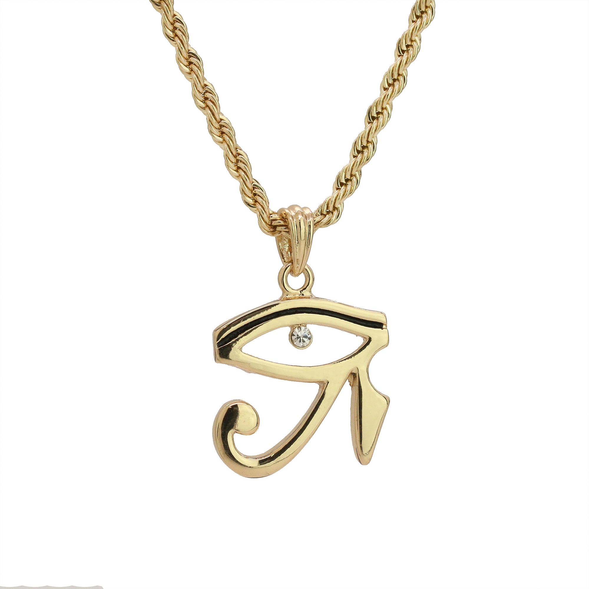 Cz Eye of Ra Pendant 24" Rope Chain Hip Hop Style 18k Gold Plated Necklace